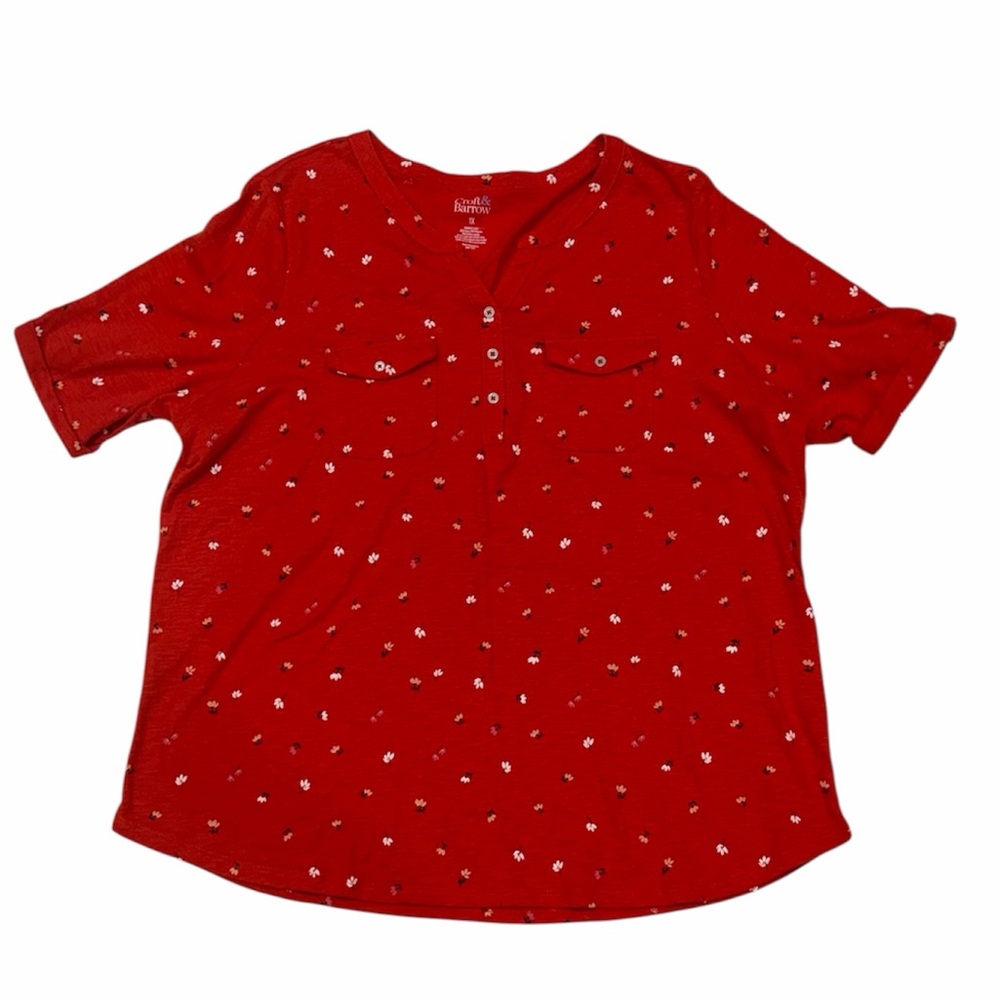 CROFT & BARROW WOMENS RED FLORAL SHORT SLEEVE COTTON BLEND SHIRT SIZE 1X